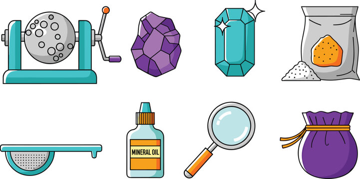Set of 9 Gemstone and Crafting Icons Including Gemstones, Grinder, Magnifying Glass, Oil, and More for Jewelry Making, Crafts, and Precious Stones Designs