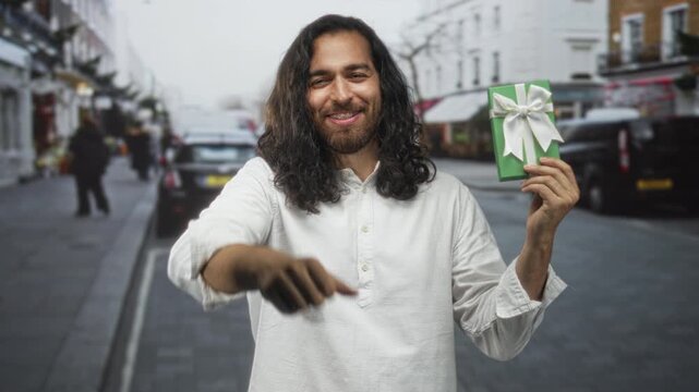Man smiling, thumbs up with right hand while holding a green wrapped gift with white bow on a city street market; joy generosity giving.