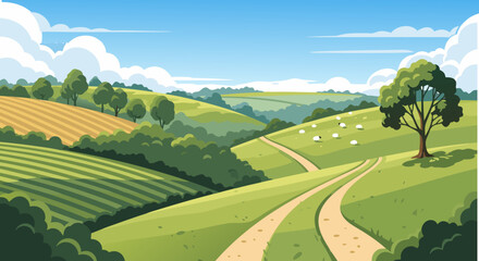 Beautiful countryside landscape illustration with rolling hills, green fields, and sheep in the distance, vector art © Purnomo