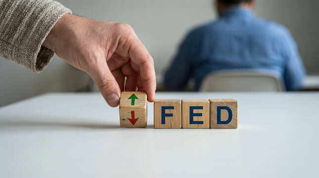 Hand placing a wooden block with up and down arrows next to blocks spelling fed