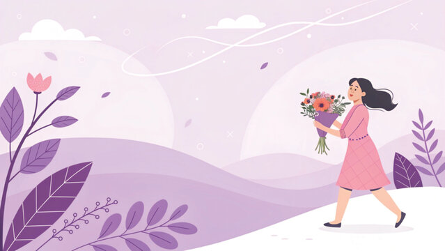 Soft pastel illustration of a woman holding flowers placed at bottom right corner purple tone background 