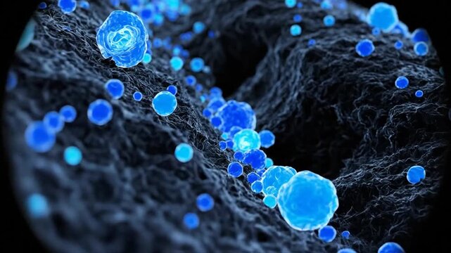 Microscopic view of cells, showing a detailed biological structure.