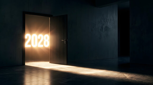 An illuminated doorway reveals the glowing year 2028, symbolizing a gateway to the future, new beginnings, and exciting opportunities awaiting beyond the threshold of a promising new era
