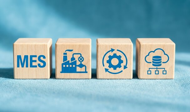 Manufacturing execution system mes concept with wooden blocks showing factory, process optimization, and cloud data icons
