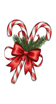 A red bow with two candy canes and a pine branch isolated on transparent background