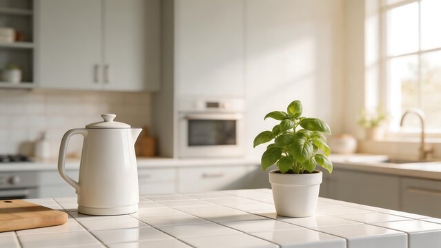 White kitchen counter with kettle and plant