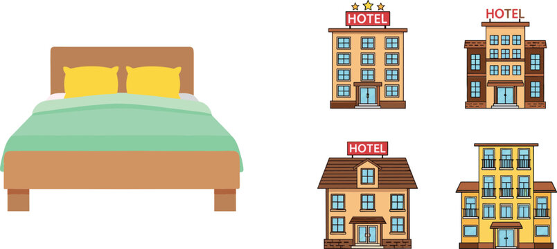 Hotel accommodation vector illustration featuring bed furniture and various hotel building facades in modern flat design for travel and hospitality concept
