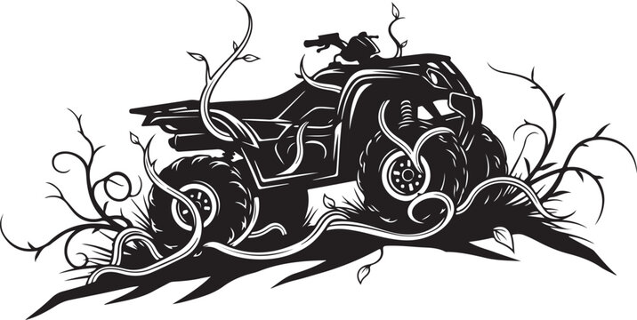 Black and white of abandoned atv overgrown with vines