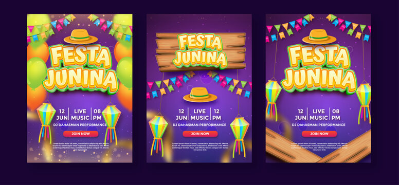 Festa Junina poster template vector, Brazilian June festival background with colorful flags and bonfire, traditional Arraial celebration invitation.