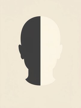 Minimalist flat vector illustration of human head split into dark and light halves on cream background. Psychology, duality, identity and mental balance concept for editorial design.