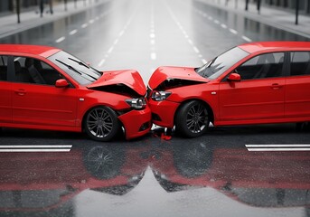 Two red cars crashed on wet city street road accident