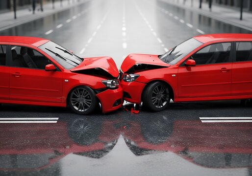 Two red cars crashed on wet city street road accident
