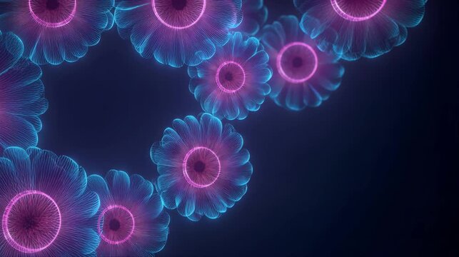 Glowing neon daisy flowers in blue and pink arc gracefully across a dark background, blending organic floral beauty with futuristic light in an elegant digital motion graphic animation.
