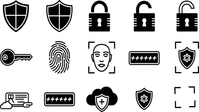Security and protection icons set including locks shields and biometric symbols