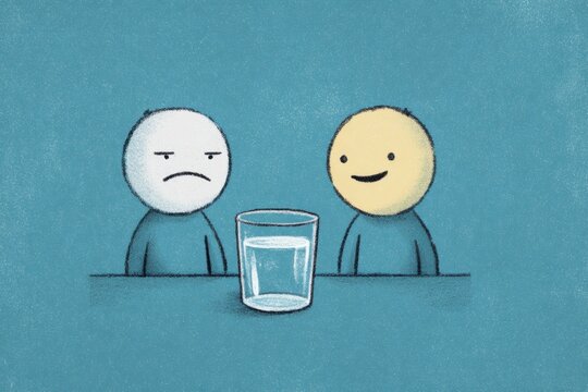 Two cartoon figures with glass of water illustrate optimism versus pessimism