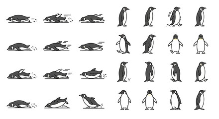 Black and white penguin illustrations. © famel