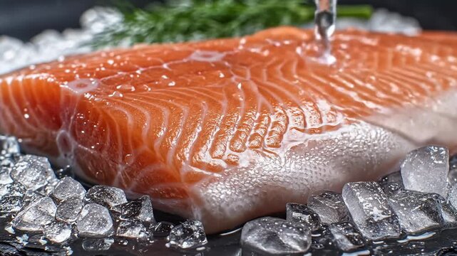 Fresh Salmon Fillet on Ice With Dill Sprig, Close Up Macro Shot