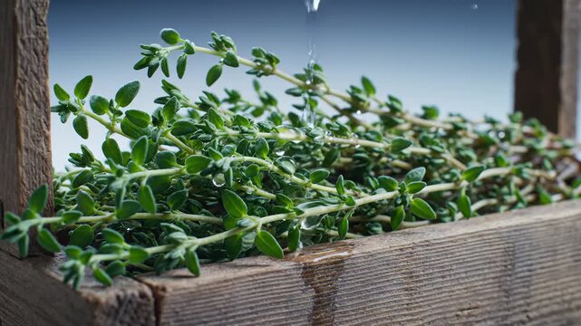 Fresh Thyme Sprigs Being Washed in a Wooden Crate, Close-Up Shot