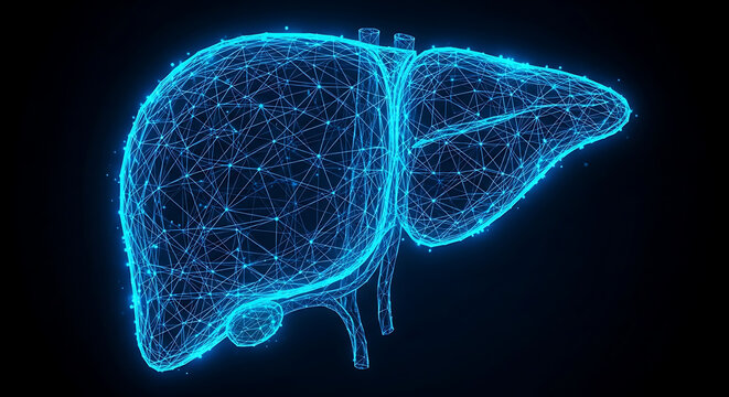 Digital blue glowing human liver anatomy illustration with interconnected nodes and lines