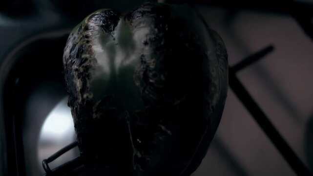 A fresh pepper is charred over the burner and flipped during cooking