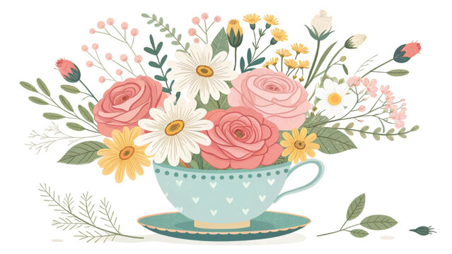 Whimsical floral mix blooming from a teacup bright pastel colors background 