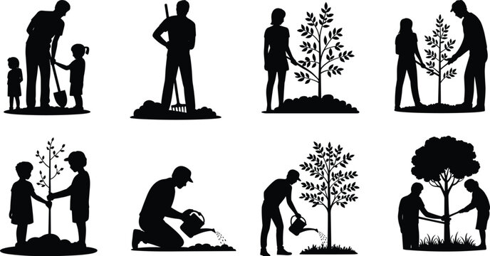 Black silhouette set of diverse people planting trees gardening and watering saplings for environmental conservation sustainability reforestation and family outdoor nature 