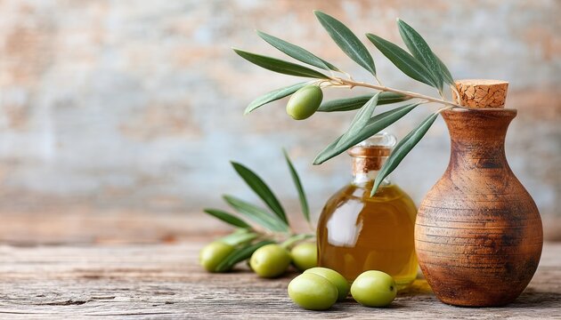 Golden extra virgin olive oil in a glass carafe served with fresh green olives and leaves on a rustic wooden table.