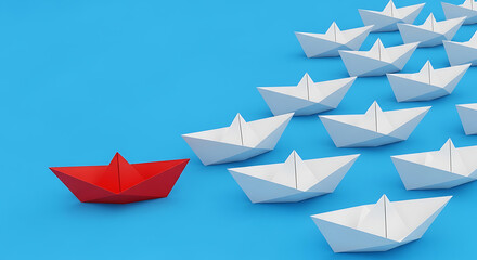 Obraz premium Bold red paper boat leads the way, inspiring collective motion and demonstrating the essence of effective pioneering guidance
