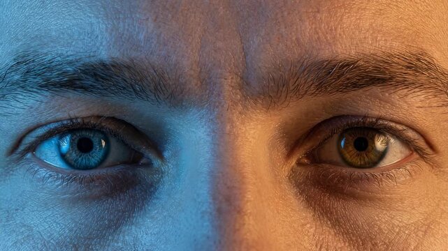 Close-up of adult eyes illuminated by contrasting blue and orange light. The eye color shifts between blue and brown in a dynamic visual sequence. Creative concept for identity