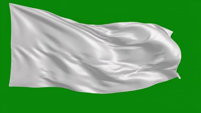 A pristine white flag waves gracefully in the wind against a vibrant green screen background, symbolizing peace and surrender
