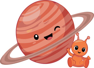 Cute saturn planet with ring and alien cartoon characters space kids vector illustration © MDMAHABUR
