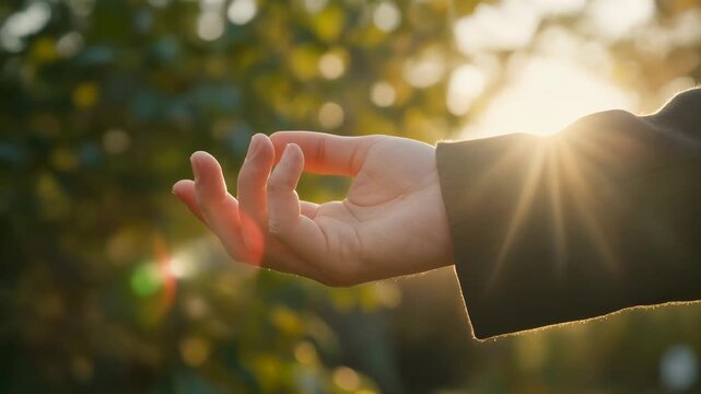 Adult hand forms a spiritual mudra gesture with bright sunlight. Golden sun rays stream through fingers in a serene natural setting