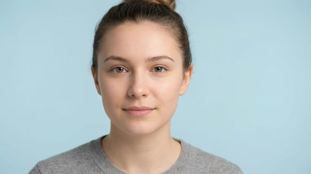 Young caucasian female adult with a neutral expression. Natural beauty portrait for health and wellness campaigns. Calm woman looking directly at the camera
