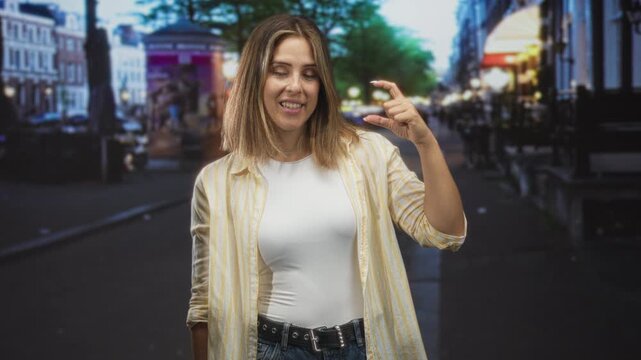 Woman with blonde hair and white top holds fingers close in a busy city street, smiling and gesturing to indicate small size; playful curiosity.