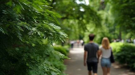 Obraz premium A couple walks hand in hand down a sun d d park path surrounded by lush green trees and foliage