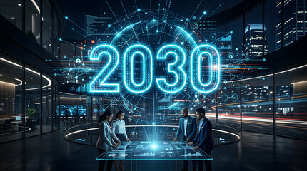 Obraz premium Business Leaders Strategizing Global Digital Future Towards 2030, Envisioning Technological Advancements and Data-Driven Innovation in a Connected World