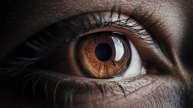Adult female eye with detailed brown iris and long eyelashes. This macro shot highlights human vision, beauty, and intricate biological structure