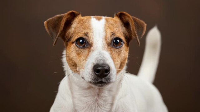 Adorable jack russell terrier dog looking directly at the camera. Cute domestic pet with white and brown fur. Expressing loyalty and companionship