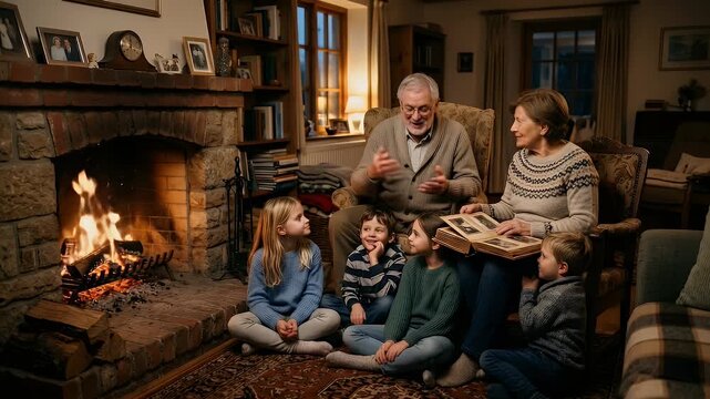 Grandparents share stories with grandchildren by a crackling fireplace. Soft ambient light casts gentle shadows as children listen intently. Close ups alternate between expressive faces and hands anim