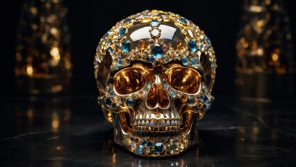 Obraz premium Golden skull jeweled with blue crystals and precious gems on dark background