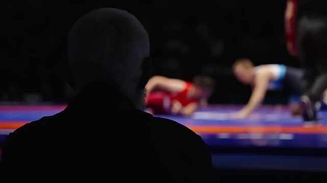 Silhouetted spectator watches an intense combat match under dramatic arena lighting as blurred athletes move across the lit mat, conveying anticipation from an audience view.
