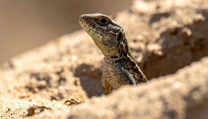 Obraz premium Close-up of a lizard peeking over a sandy rock