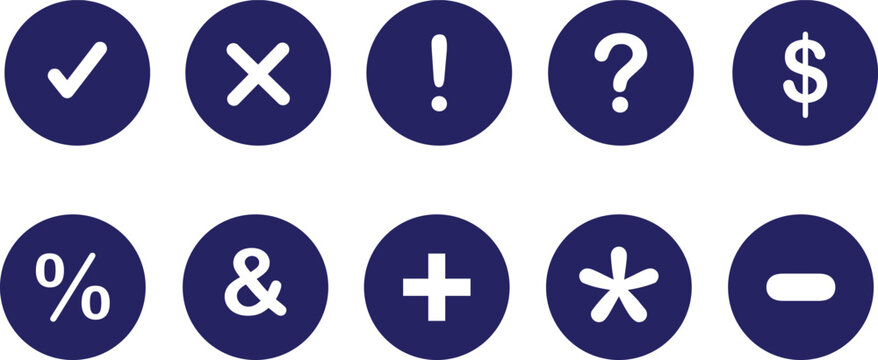 Set of blue circular icons with white symbols including check mark, cross, exclamation point, question mark, dollar sign, percentage, ampersand, plus, asterisk, and minus