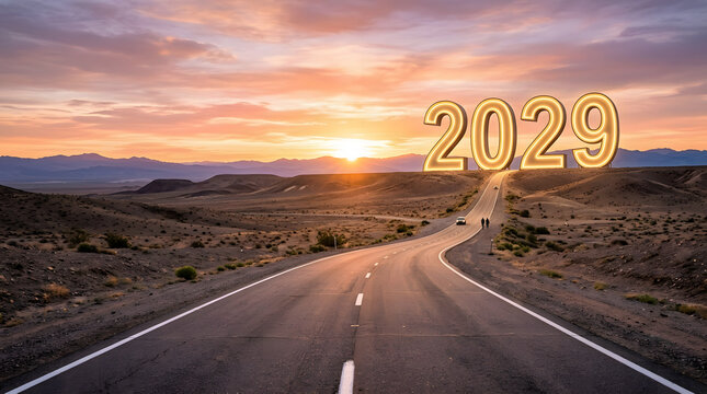 Golden 2029 numbers illuminate the horizon of a winding desert road at sunset, symbolizing a hopeful journey into the future, new beginnings, and the path towards upcoming aspirations