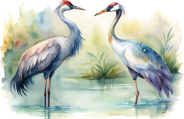 Obraz premium Watercolor Wetland Crane Clipart, Graceful Bird Illustration, Isolated on White