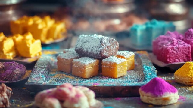Assortment of colorful Indian sweets and pastries, suitable for Diwali or Holi festivals.