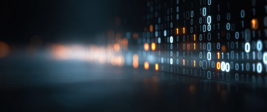 Glowing binary digits stream dramatically across dark surface with orange accents creating futuristic digital effect.