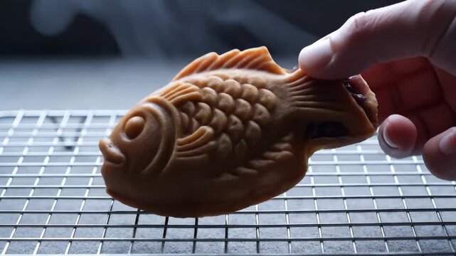 Freshly Baked Fish-Shaped Pastry With Red Bean Filling Cooling on a Rack