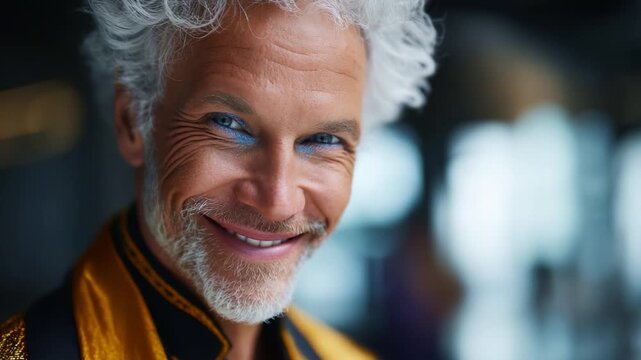 A captivating portrait series featuring a charismatic older man with striking silver hair, bold makeup, and a cheerful expression in a vibrant atmosphere.
