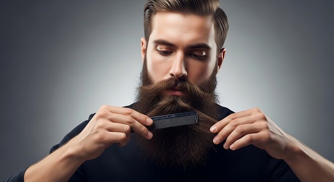 Man combing beard isolated on gray background grooming and styling concept